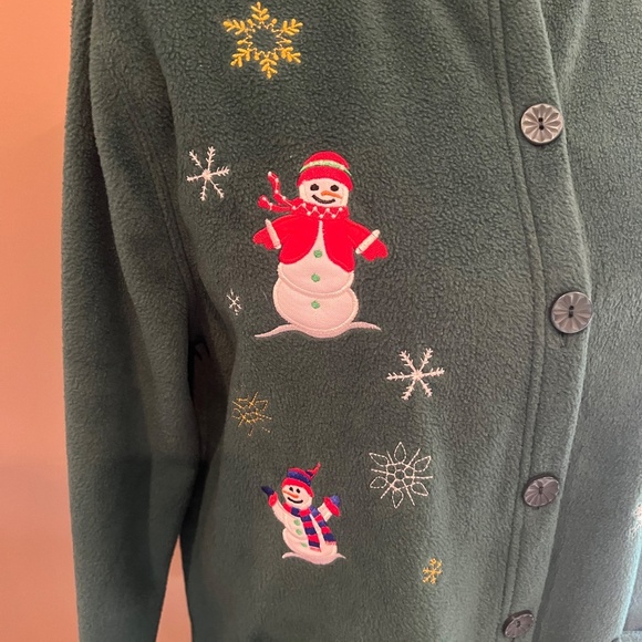 Bobbi Brooks Forest Green Snowman Christmas Fleece Cardigan, Size Large - Picture 2 of 11